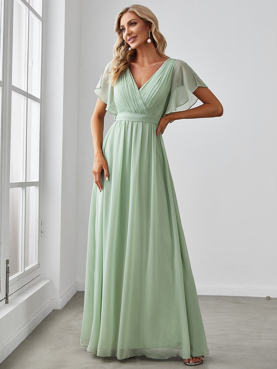 Color=Mint Green | A Line Wholesale Bridesmaid Dresses with Deep V Neck Ruffles Sleeves-Mint Green 1