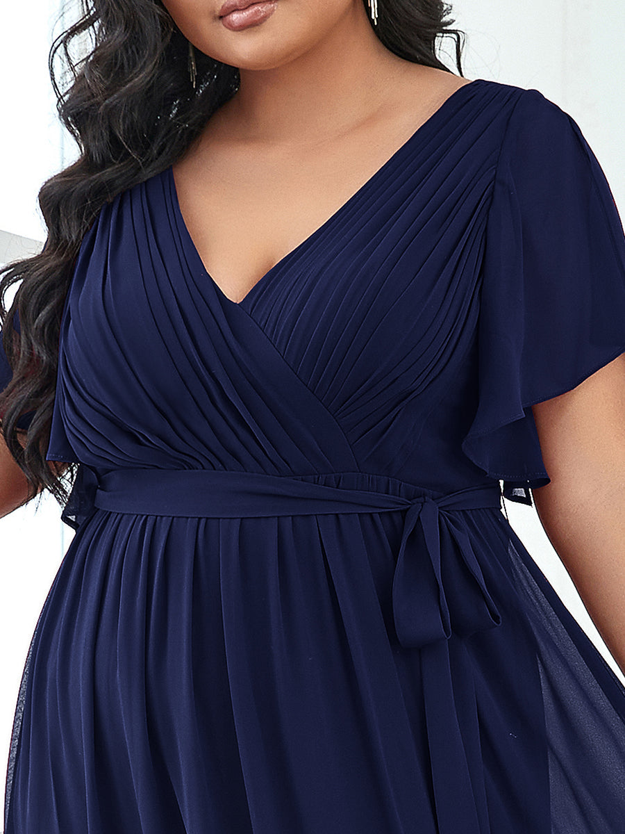 Color=Navy Blue | A Line Plus Size Wholesale Bridesmaid Dresses with Deep V Neck Ruffles Sleeves-Navy Blue 5