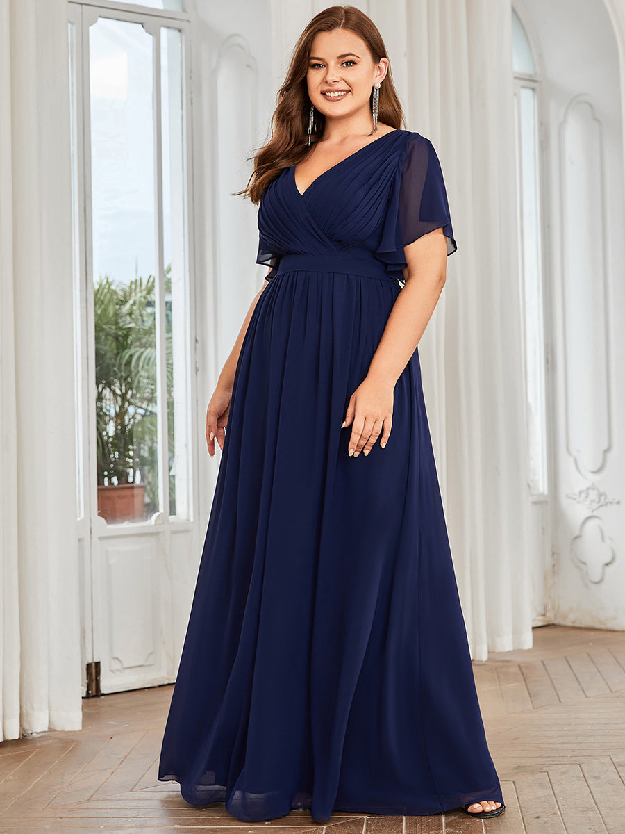 Color=Navy Blue | A Line Plus Size Wholesale Bridesmaid Dresses with Deep V Neck Ruffles Sleeves-Navy Blue 1