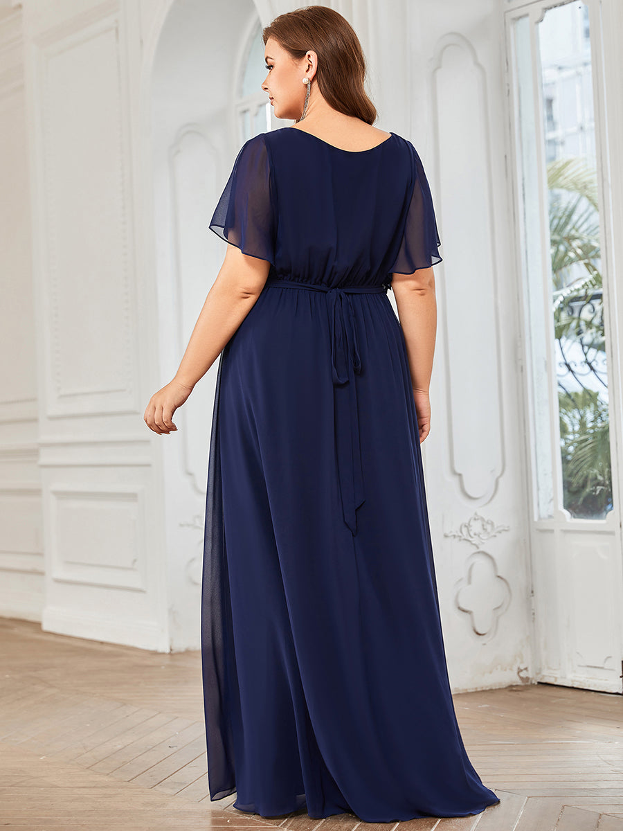 Color=Navy Blue | A Line Plus Size Wholesale Bridesmaid Dresses with Deep V Neck Ruffles Sleeves-Navy Blue 2