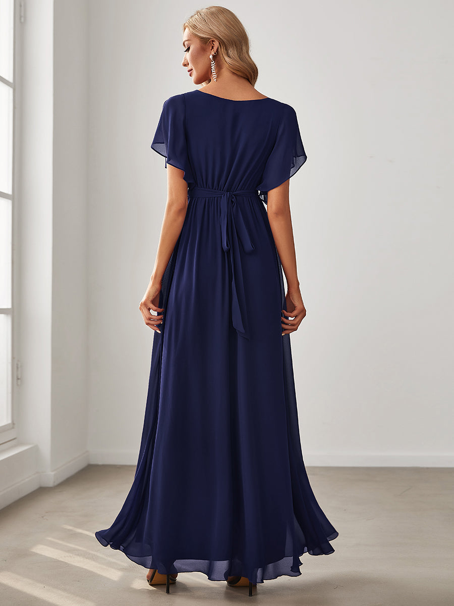 Color=Navy Blue | A Line Wholesale Bridesmaid Dresses with Deep V Neck Ruffles Sleeves-Navy Blue 2