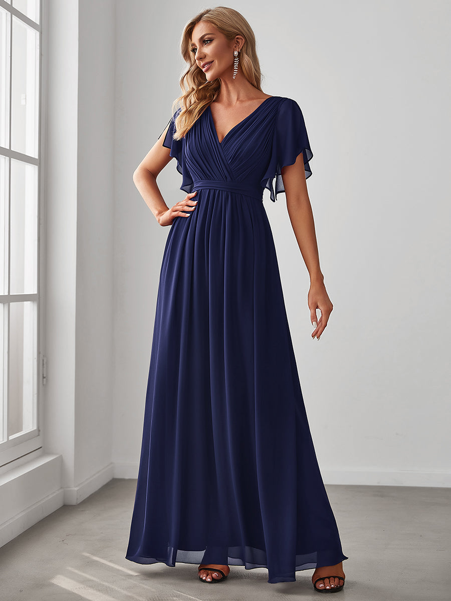 Color=Navy Blue | A Line Wholesale Bridesmaid Dresses with Deep V Neck Ruffles Sleeves-Navy Blue 3
