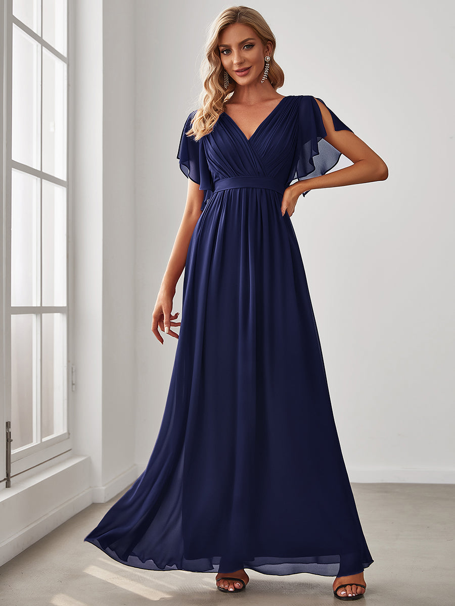 Color=Navy Blue | A Line Wholesale Bridesmaid Dresses with Deep V Neck Ruffles Sleeves-Navy Blue 1