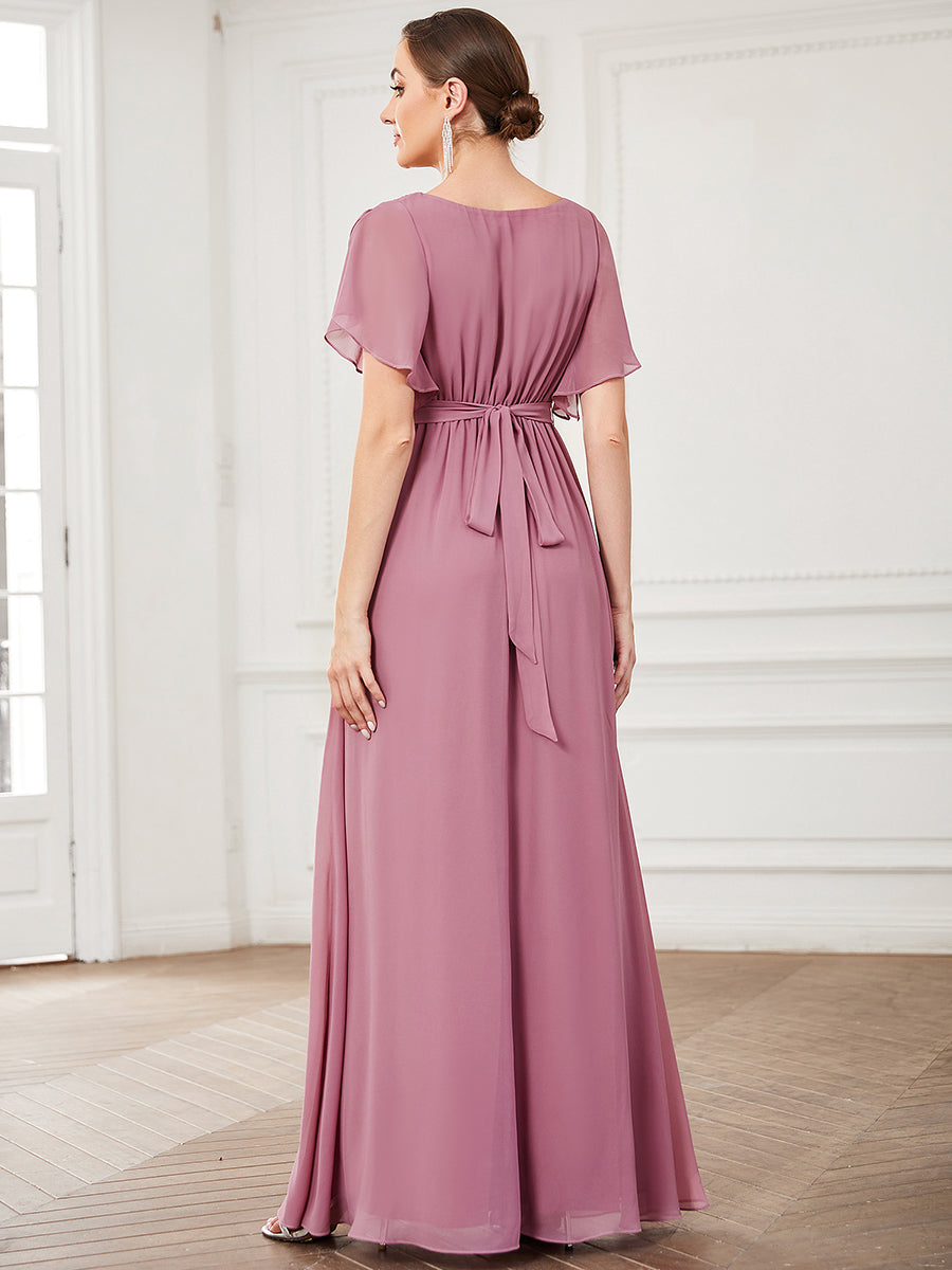 Color=Orchid | A Line Wholesale Bridesmaid Dresses with Deep V Neck Ruffles Sleeves-Orchid 2