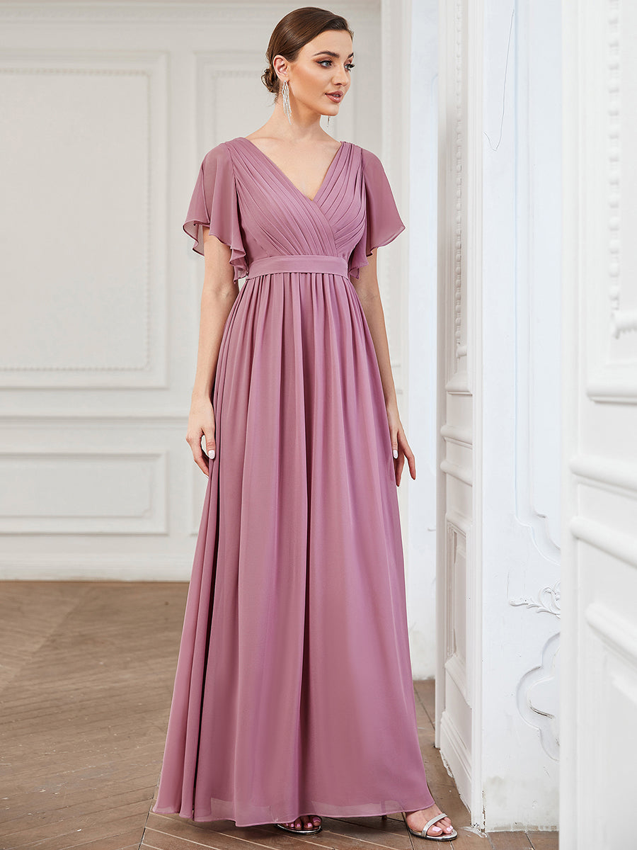 Color=Orchid | A Line Wholesale Bridesmaid Dresses with Deep V Neck Ruffles Sleeves-Orchid 3