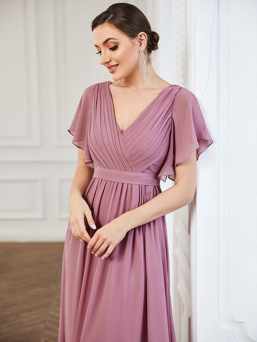 Color=Orchid | A Line Wholesale Bridesmaid Dresses with Deep V Neck Ruffles Sleeves-Orchid 5