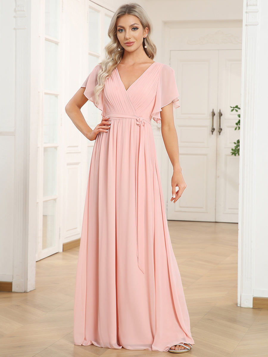 Custom Size A Line Wholesale Bridesmaid Dresses with Deep V Neck Ruffles Sleeves