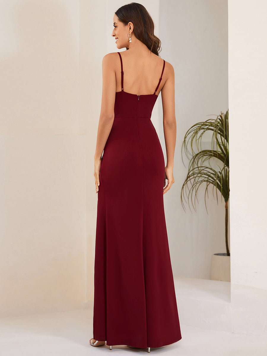 Color=Burgundy | Spaghetti Straps Side Split Shiny Wholeslae Evening Dresses-Burgundy 2