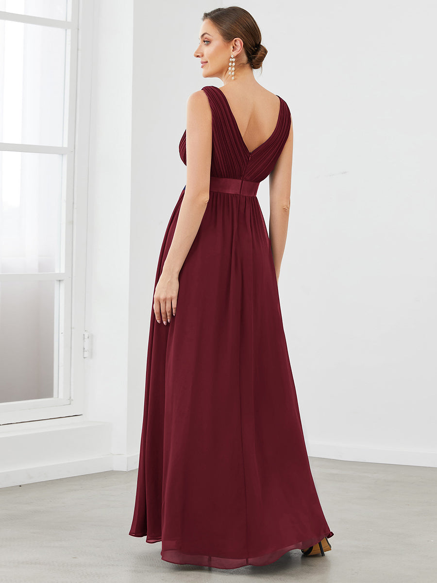 Color=Burgundy | V Neck A Line Wholesale Bridesmaid Dresses with Pleated Decoration-Burgundy 2