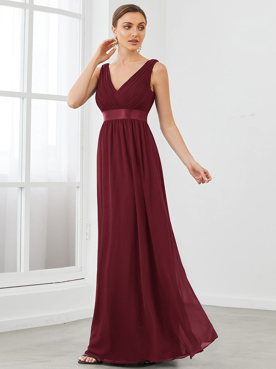 Color=Burgundy | V Neck A Line Wholesale Bridesmaid Dresses with Pleated Decoration-Burgundy 3