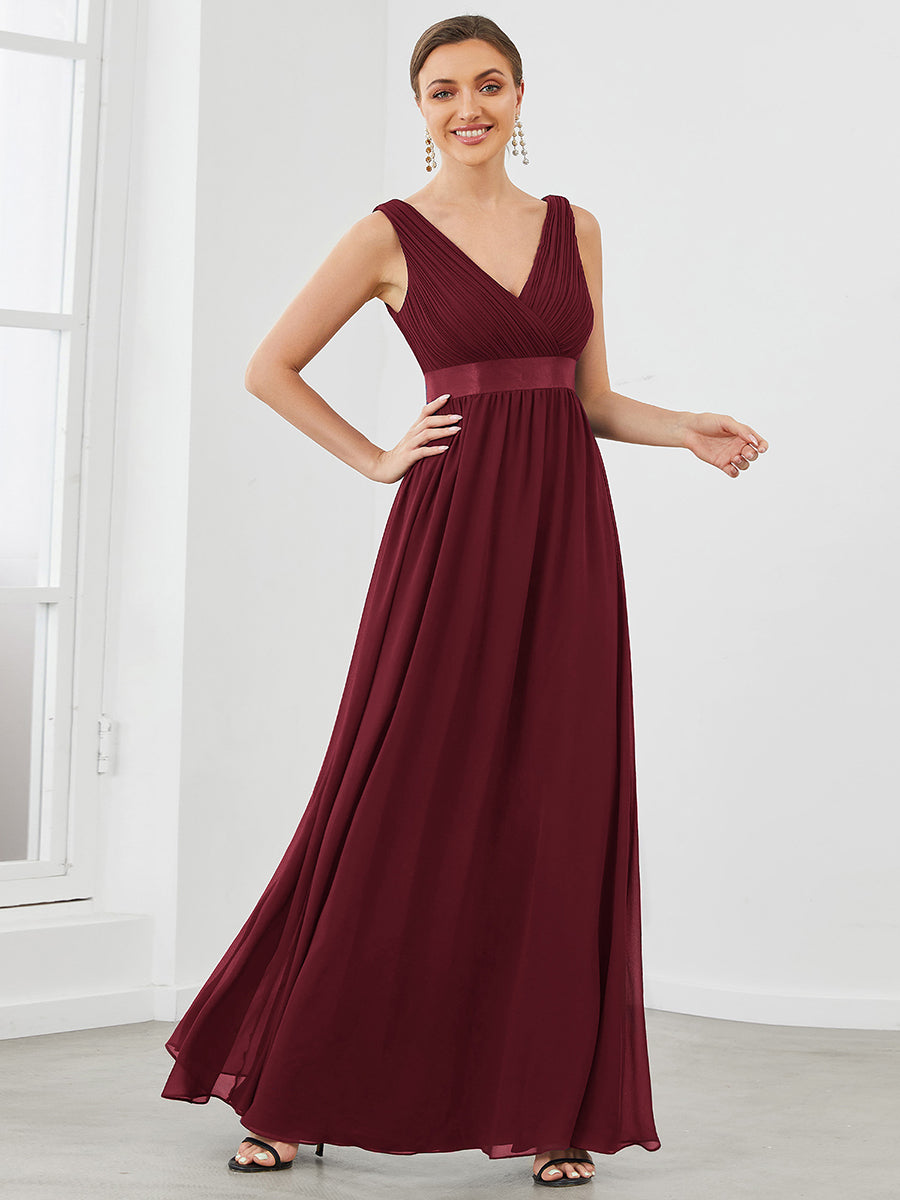 Color=Burgundy | V Neck A Line Wholesale Bridesmaid Dresses with Pleated Decoration-Burgundy 4