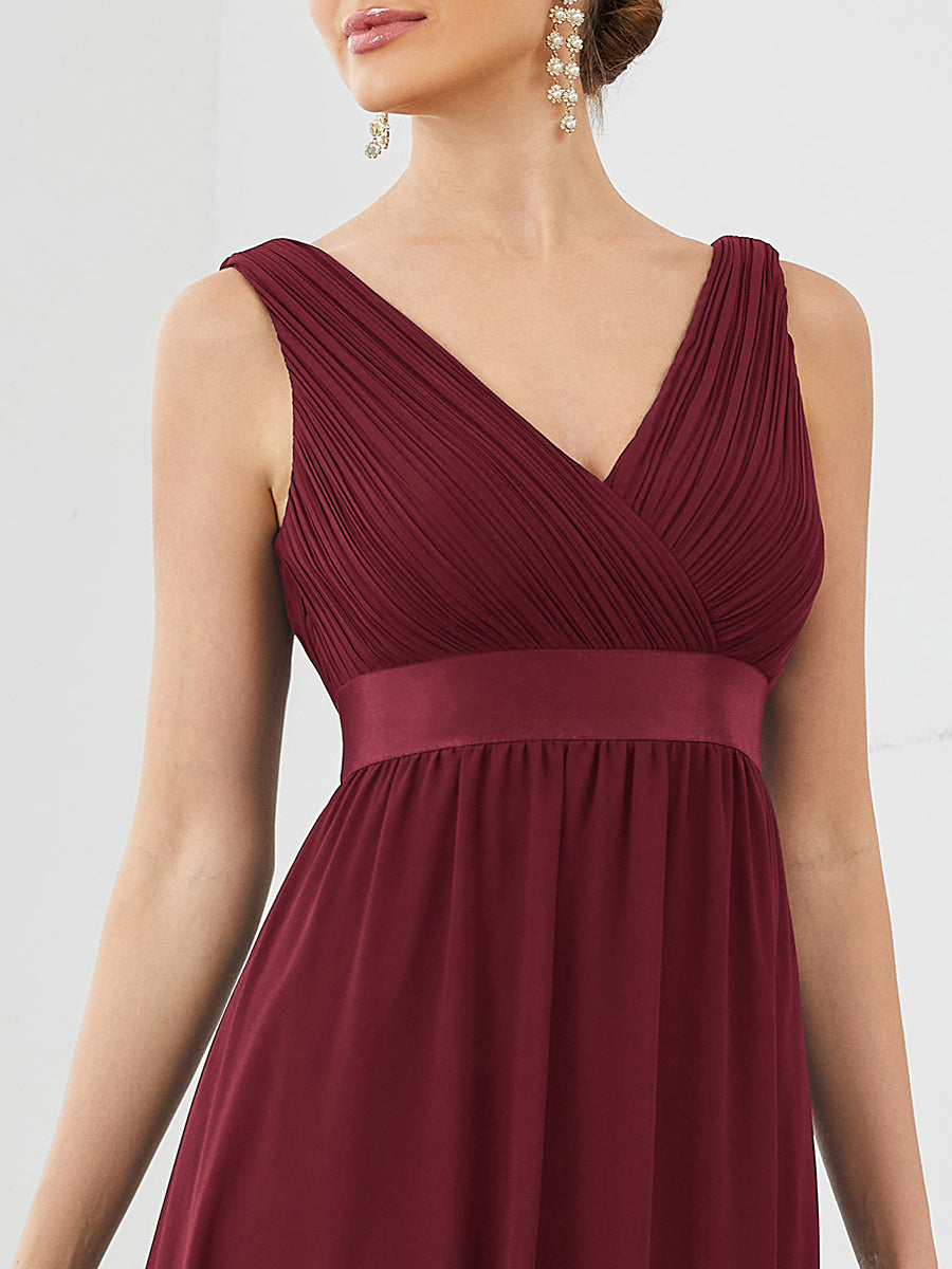 Color=Burgundy | V Neck A Line Wholesale Bridesmaid Dresses with Pleated Decoration-Burgundy 5