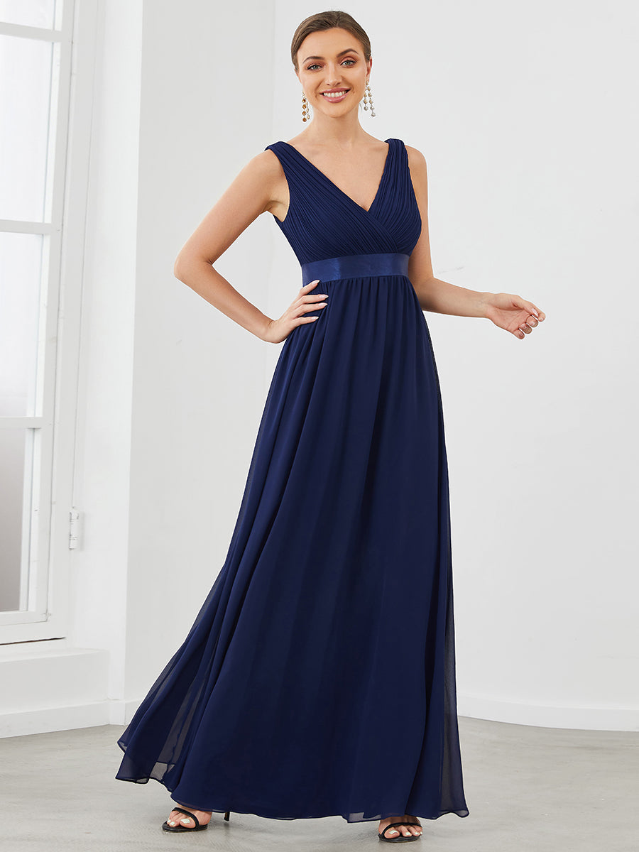 Color=Navy Blue | V Neck A Line Wholesale Bridesmaid Dresses with Pleated Decoration-Navy Blue 1