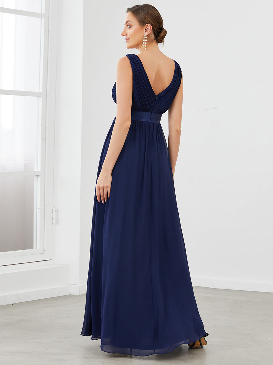 Color=Navy Blue | V Neck A Line Wholesale Bridesmaid Dresses with Pleated Decoration-Navy Blue 2