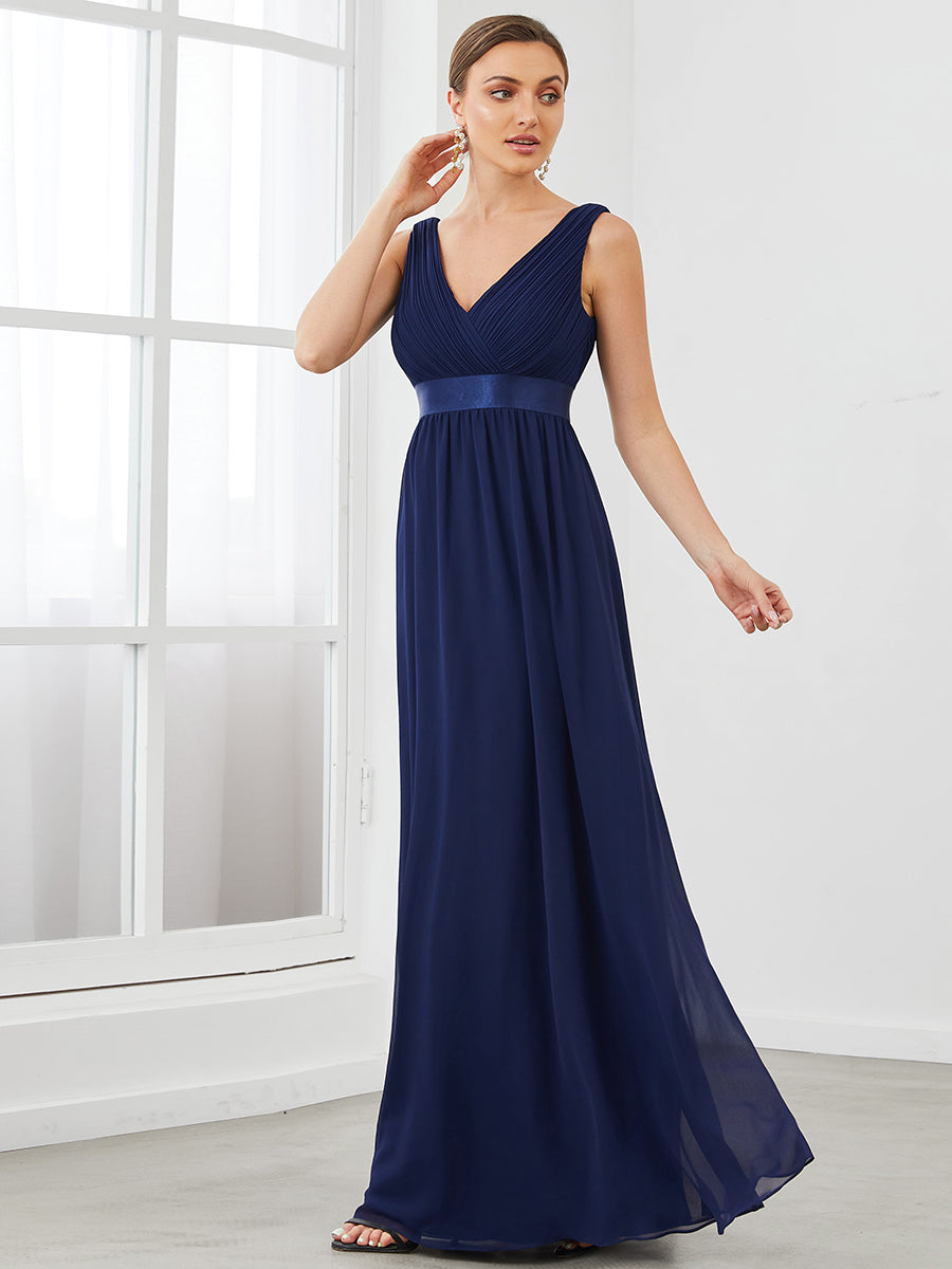 Color=Navy Blue | V Neck A Line Wholesale Bridesmaid Dresses with Pleated Decoration-Navy Blue 3