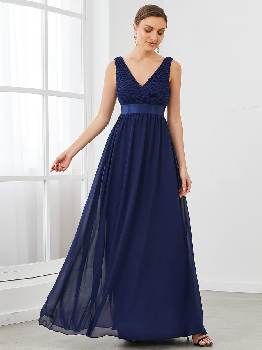 Color=Navy Blue | V Neck A Line Wholesale Bridesmaid Dresses with Pleated Decoration-Navy Blue 4