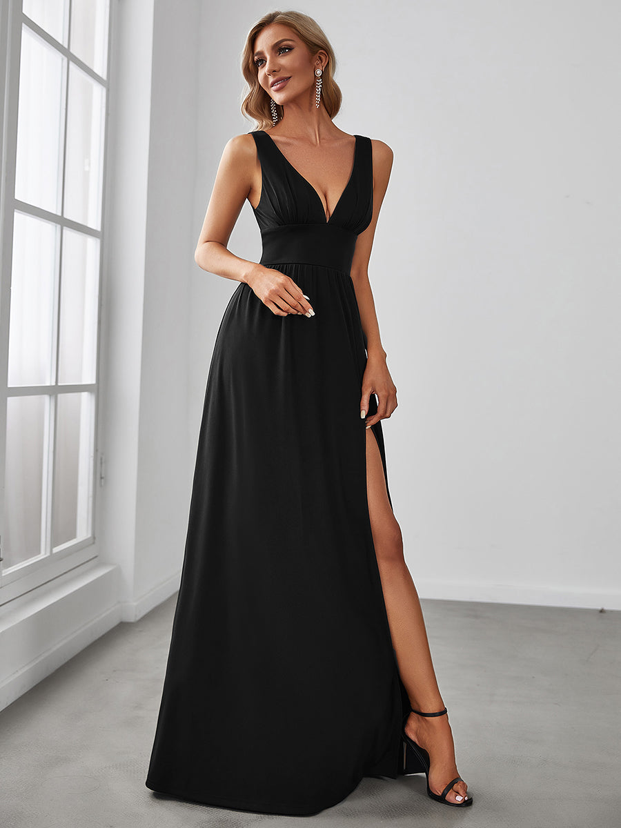 Color=Black | Sleeveless Wholesale Bridesmaid Dresses with Deep V Neck and A Line-Black 3