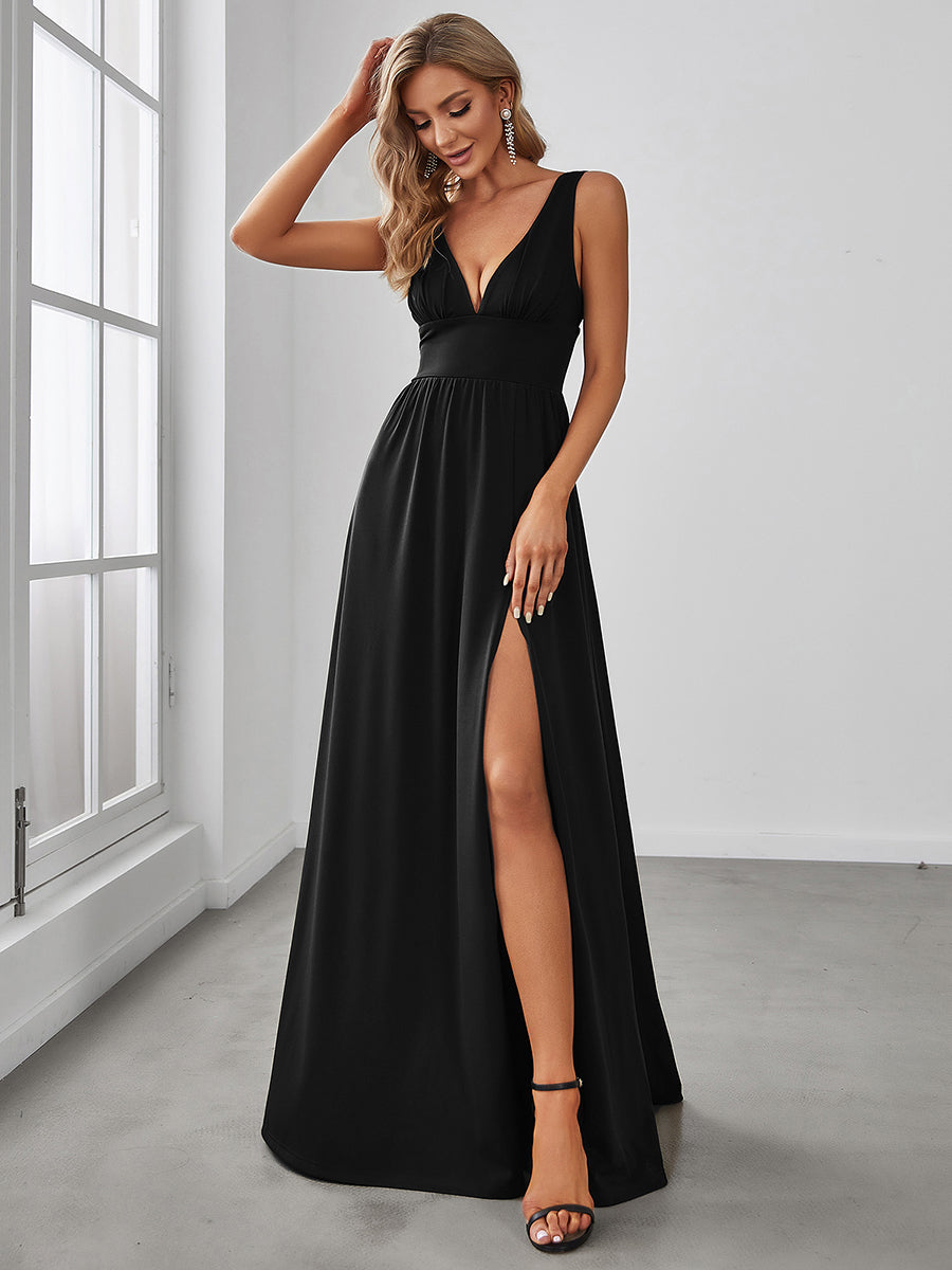 Color=Black | Sleeveless Wholesale Bridesmaid Dresses with Deep V Neck and A Line-Black 1