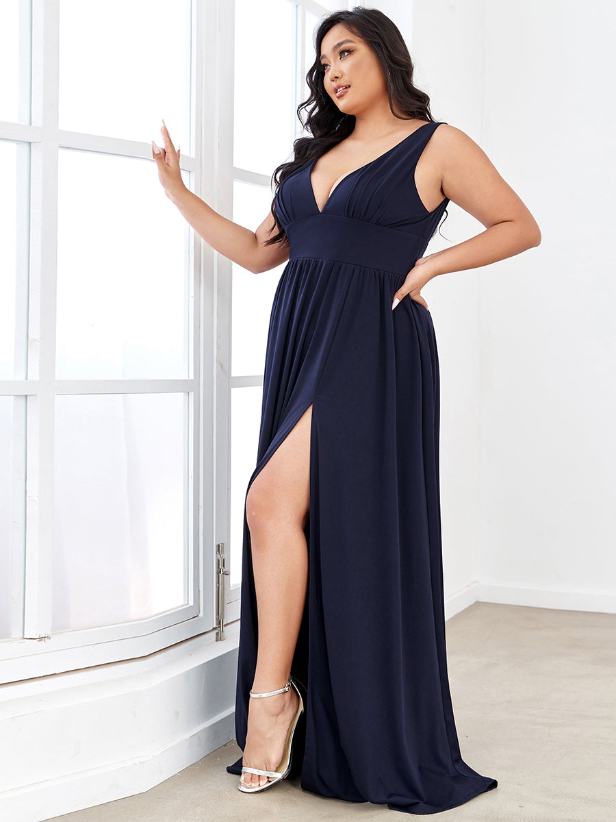 Color=Navy Blue | Sleeveless Wholesale Bridesmaid Dresses with Deep V Neck and A Line-Navy Blue 3