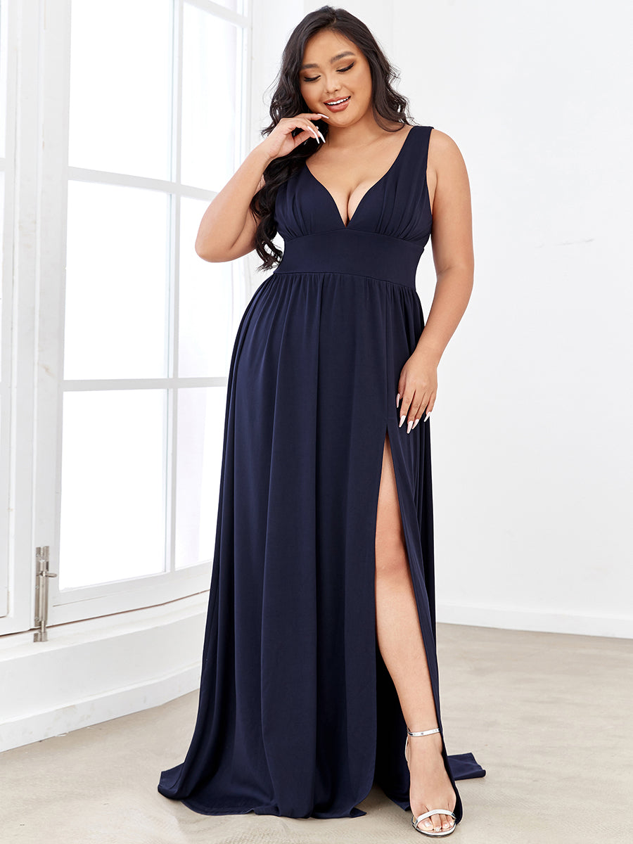 Color=Navy Blue | Sleeveless Wholesale Bridesmaid Dresses with Deep V Neck and A Line-Navy Blue 1