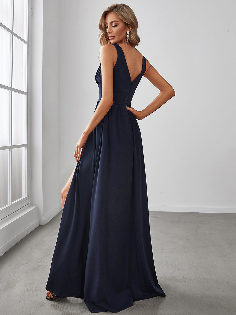 Color=Navy Blue | Sleeveless Wholesale Bridesmaid Dresses with Deep V Neck and A Line-Navy Blue 2