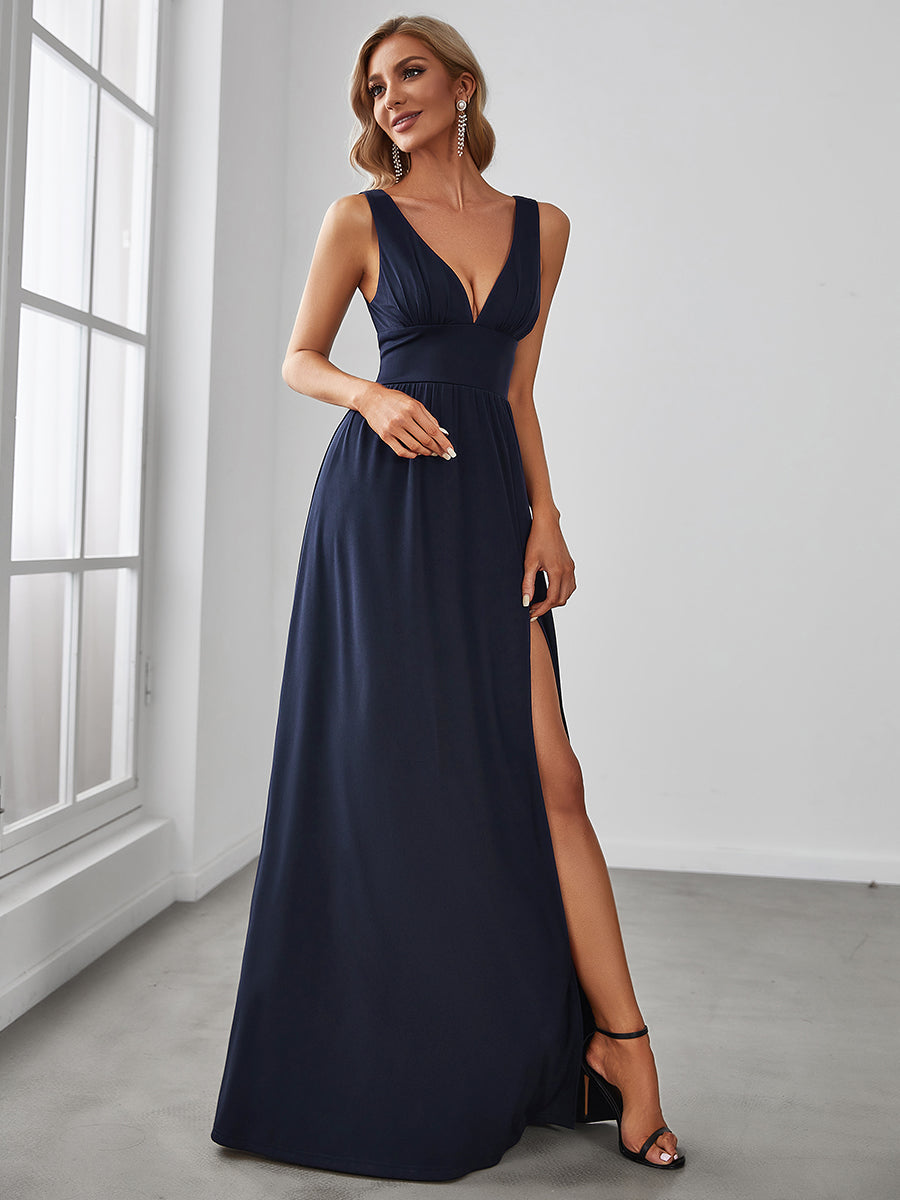 Color=Navy Blue | Sleeveless Wholesale Bridesmaid Dresses with Deep V Neck and A Line-Navy Blue 3