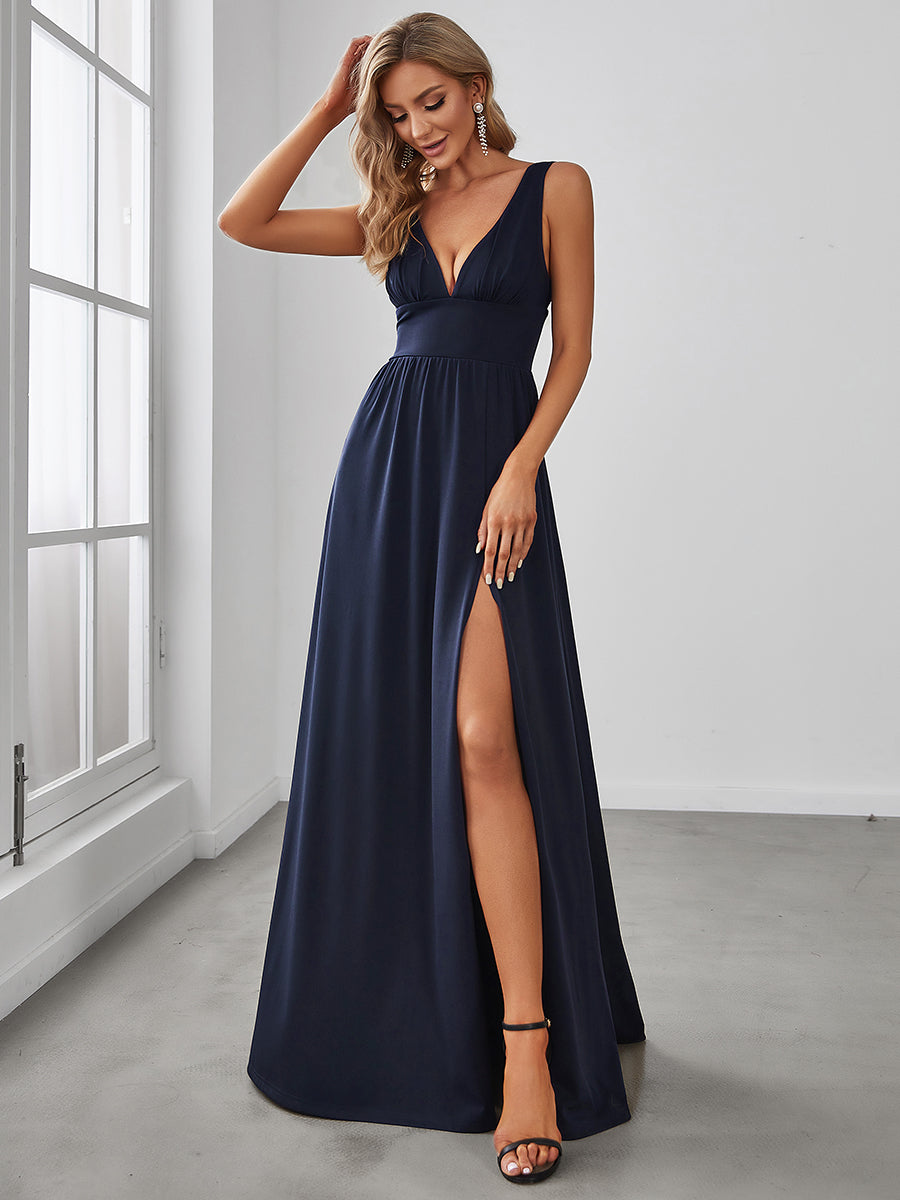 Color=Navy Blue | Sleeveless Wholesale Bridesmaid Dresses with Deep V Neck and A Line-Navy Blue 4