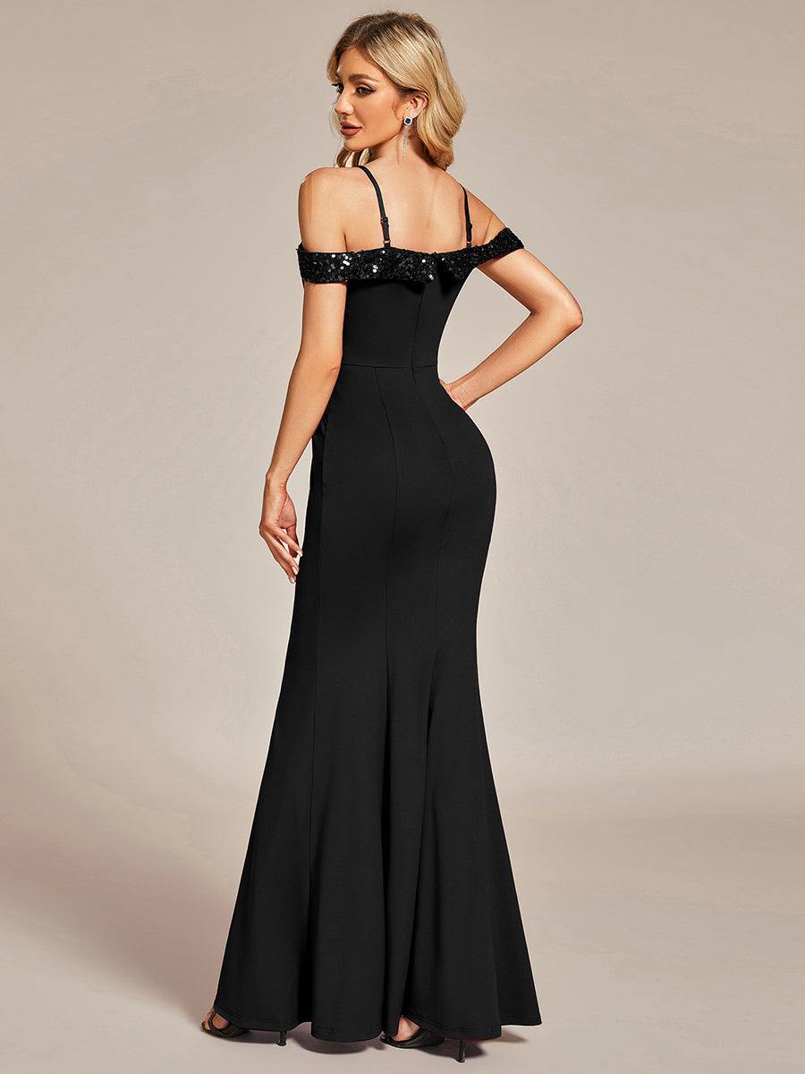 Color=Black | Off Shoulder Mermaid Sequin Detail Wholesale Evening Dresses-Black 2
