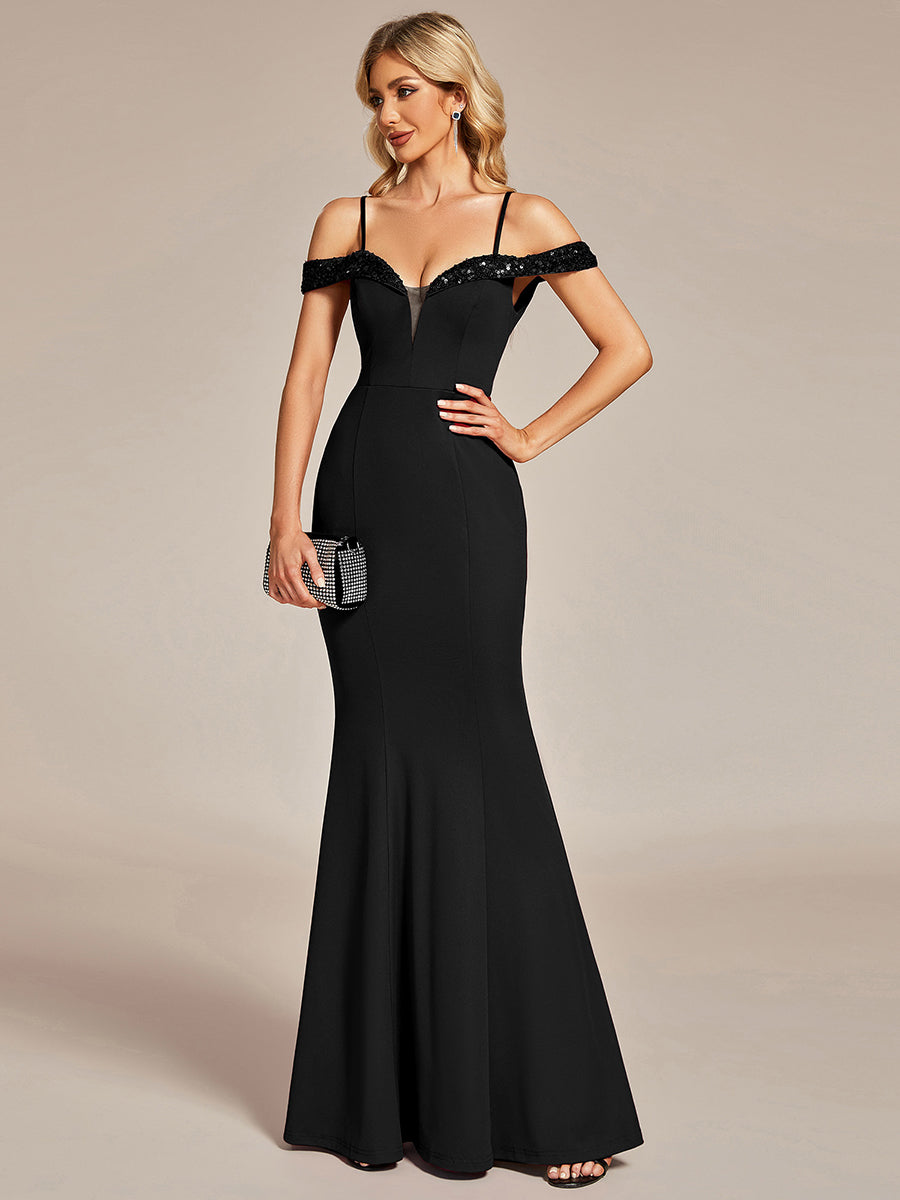 Color=Black | Off Shoulder Mermaid Sequin Detail Wholesale Evening Dresses-Black 3