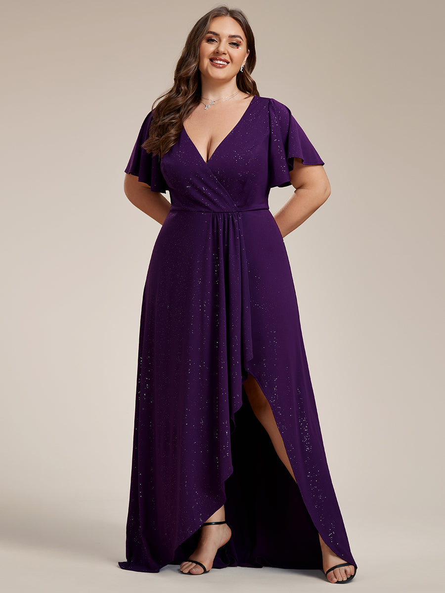 Color=Dark Purple |Plus Tea Length Split Shiny Wholesale Evening Dresses With Ruffle Sleeves-Dark Purple 1