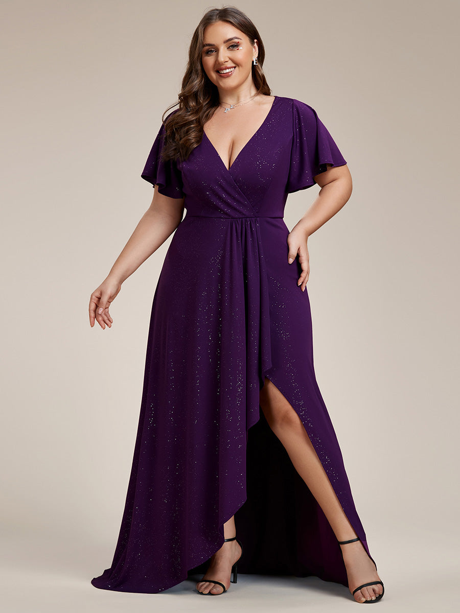 Color=Dark Purple |Plus Tea Length Split Shiny Wholesale Evening Dresses With Ruffle Sleeves-Dark Purple 4