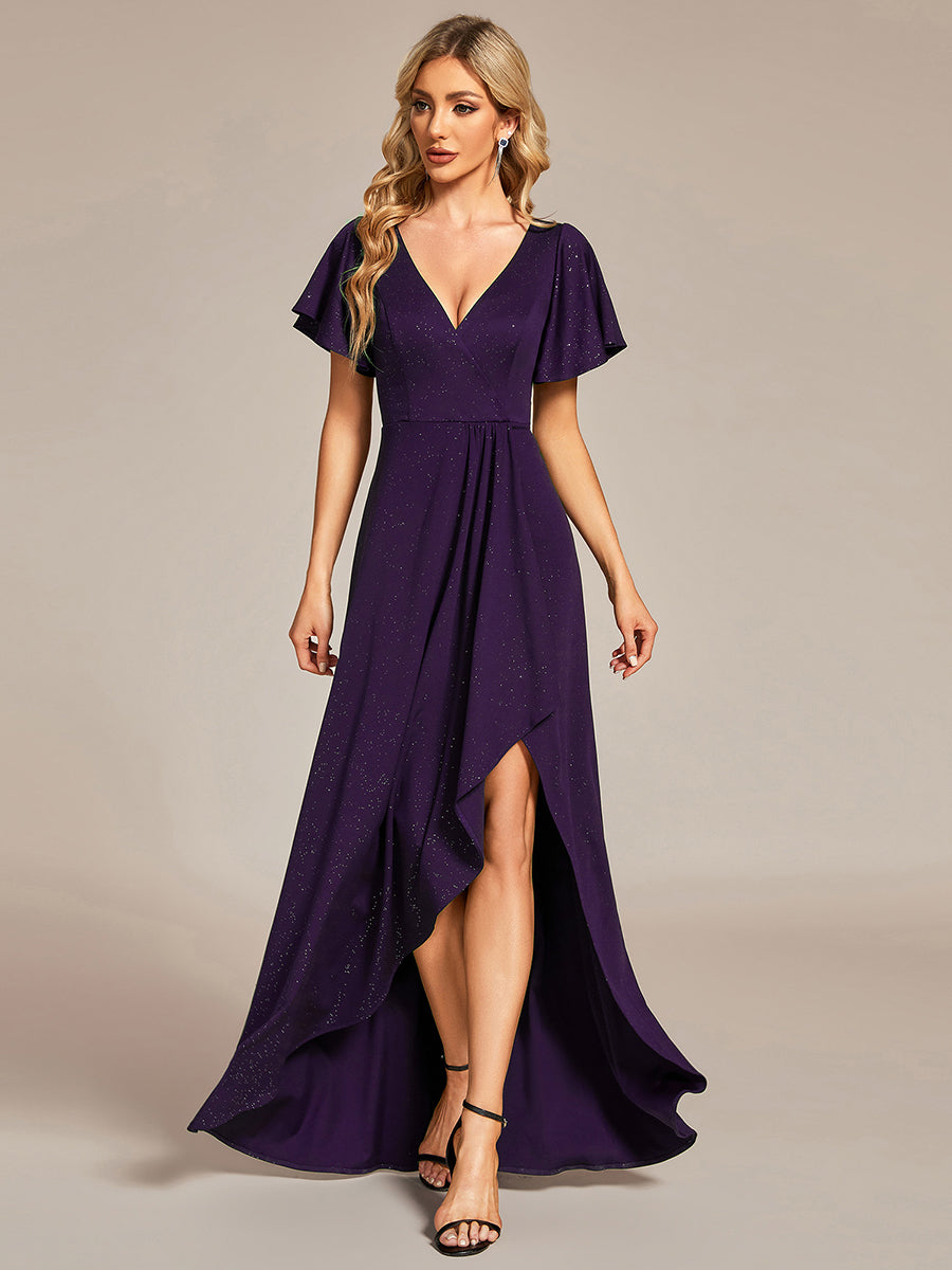Color=Dark Purple | Tea Length Split Shiny Wholesale Evening Dresses With Ruffle Sleeves-Dark Purple 1