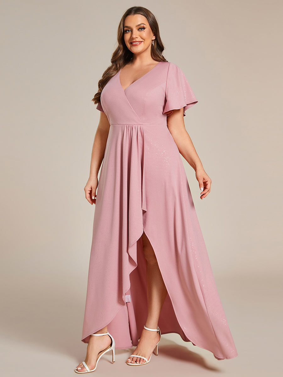 Color=Dusty Rose |Plus Tea Length Split Shiny Wholesale Evening Dresses With Ruffle Sleeves-Dusty Rose 1