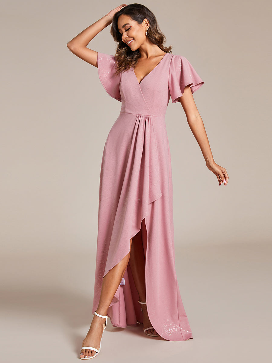 Color=Dusty Rose | Tea Length Split Shiny Wholesale Evening Dresses With Ruffle Sleeves-Dusty Rose 1