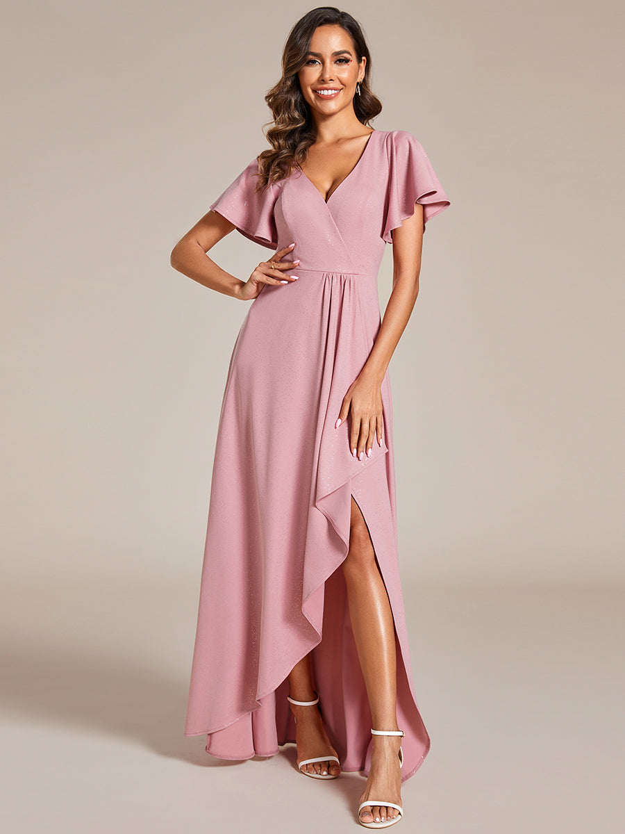 Color=Dusty Rose | Tea Length Split Shiny Wholesale Evening Dresses With Ruffle Sleeves-Dusty Rose 3
