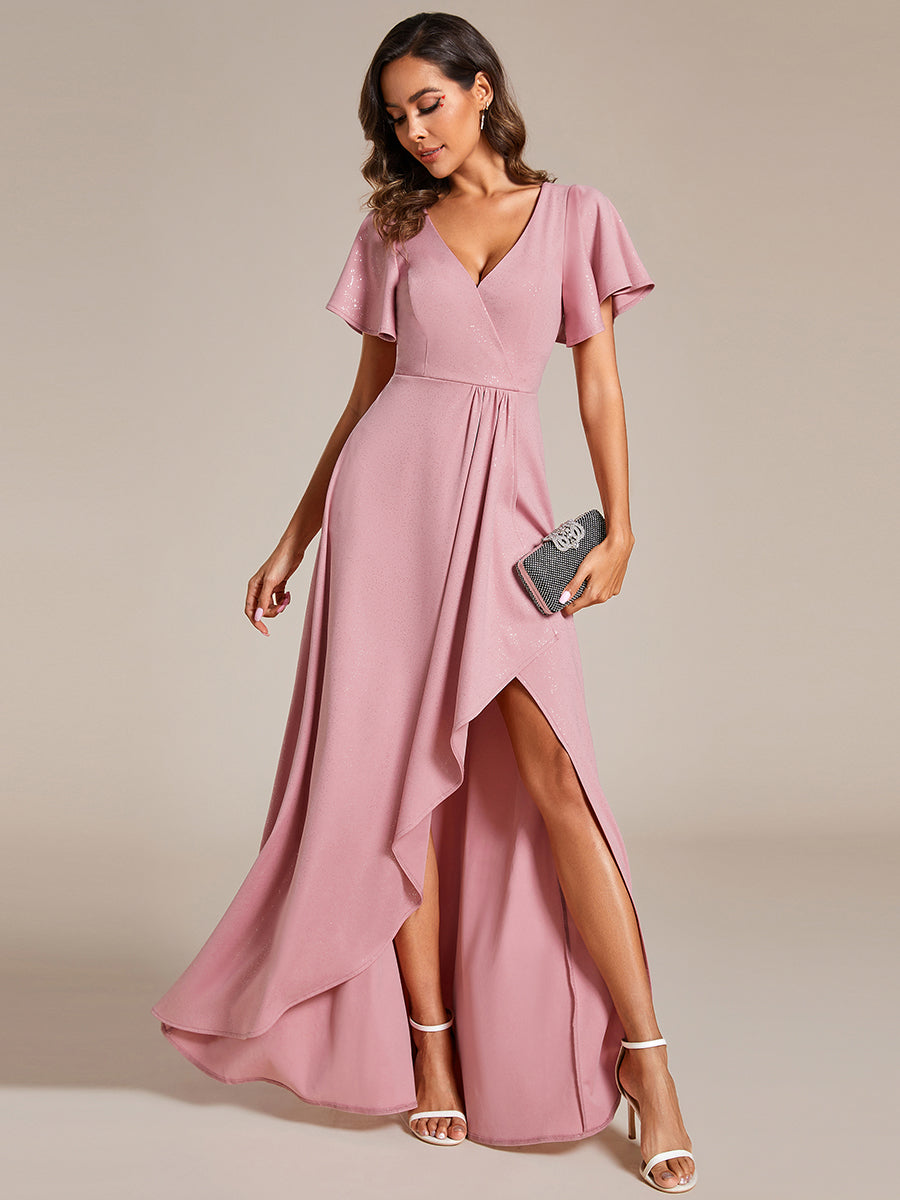 Color=Dusty Rose | Tea Length Split Shiny Wholesale Evening Dresses With Ruffle Sleeves-Dusty Rose 5