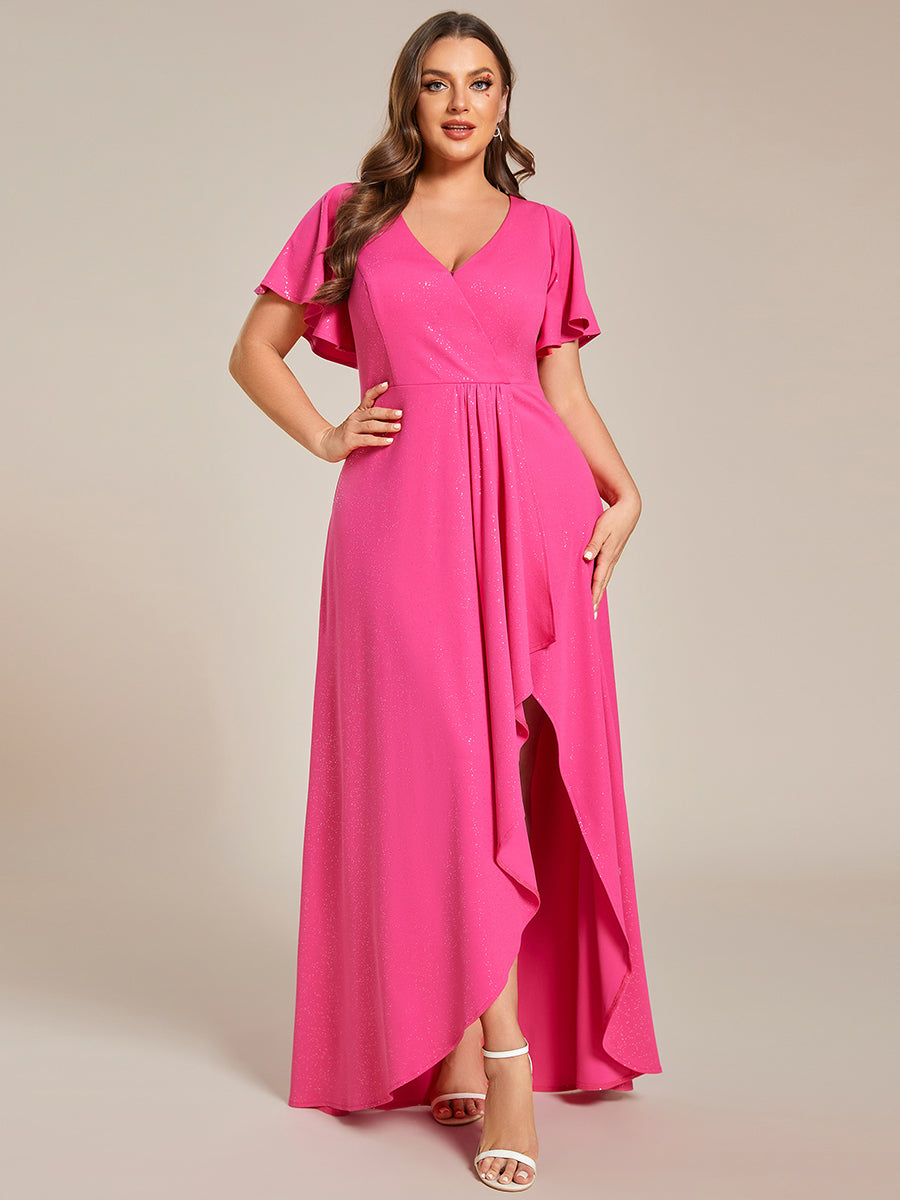 Color=Hot Pink |Plus Tea Length Split Shiny Wholesale Evening Dresses With Ruffle Sleeves-Hot Pink 3
