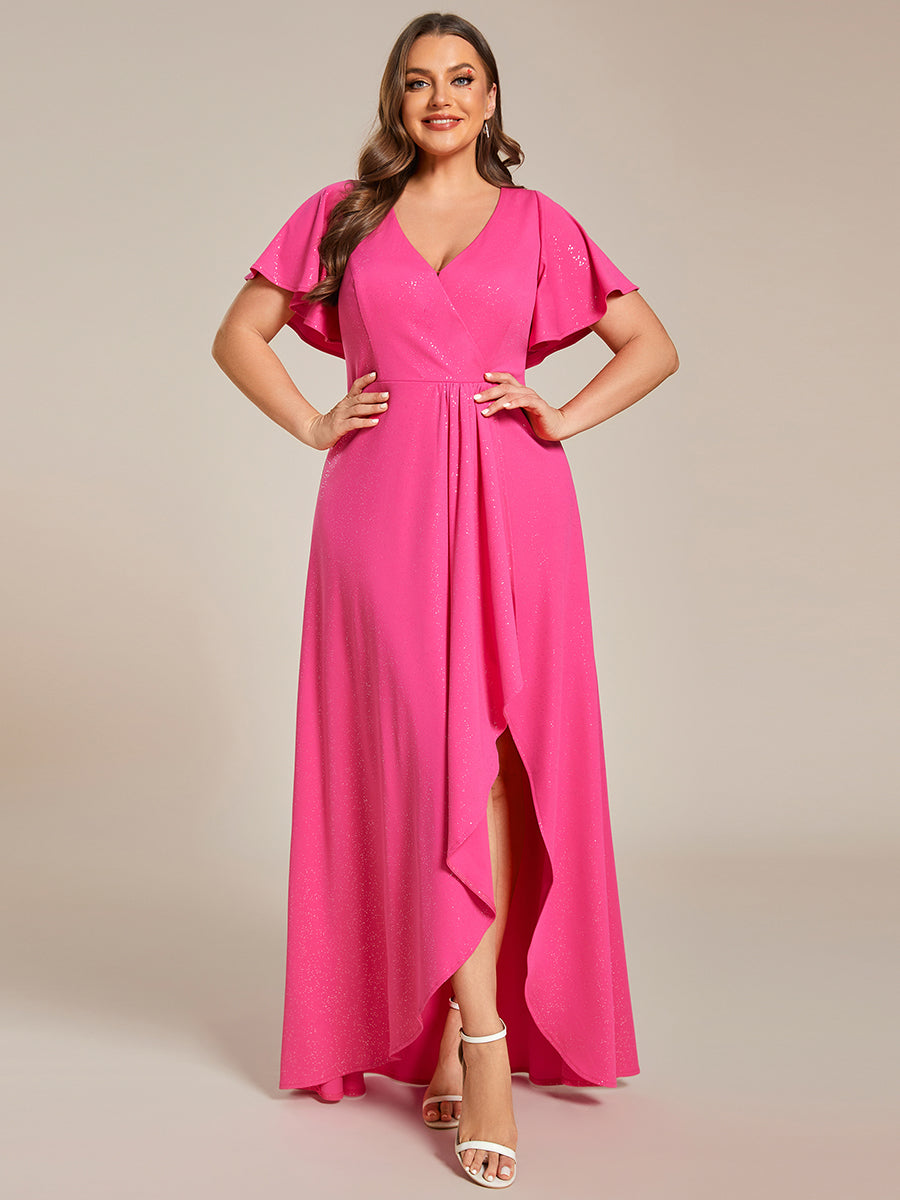 Color=Hot Pink |Plus Tea Length Split Shiny Wholesale Evening Dresses With Ruffle Sleeves-Hot Pink 1