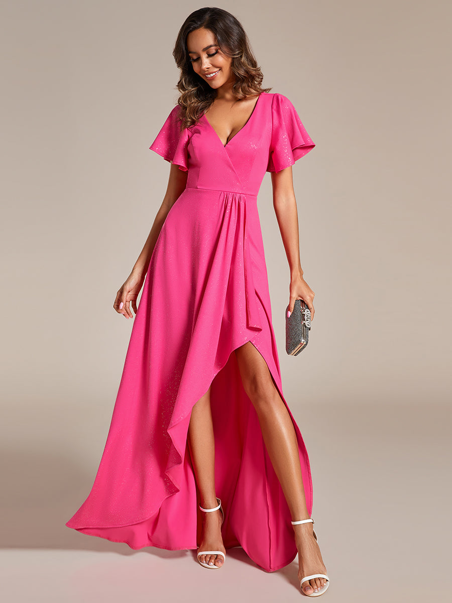 Color=Hot Pink | Tea Length Split Shiny Wholesale Evening Dresses With Ruffle Sleeves-Hot Pink 3