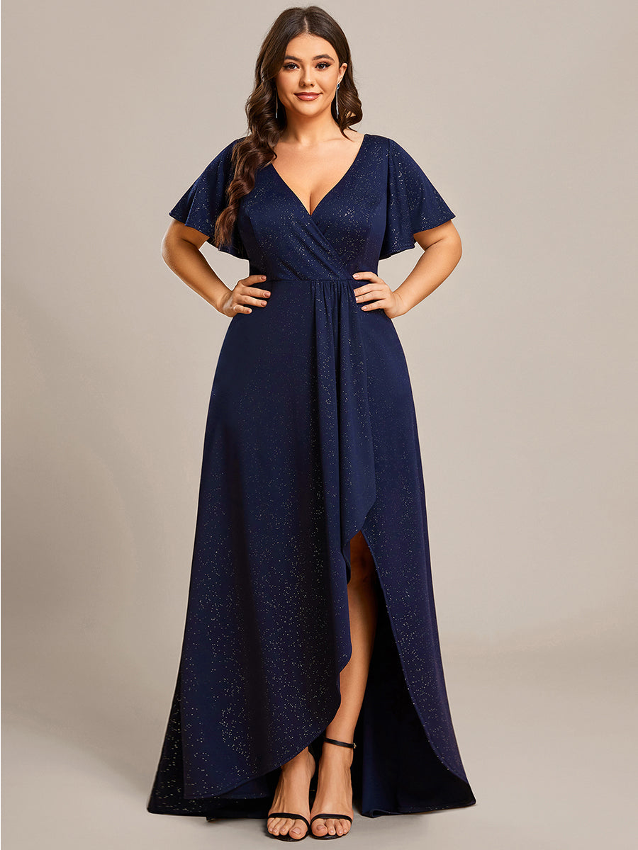 Color=Navy Blue | Plus Tea Length Split Shiny Wholesale Evening Dresses With Ruffle Sleeves-Navy Blue 1