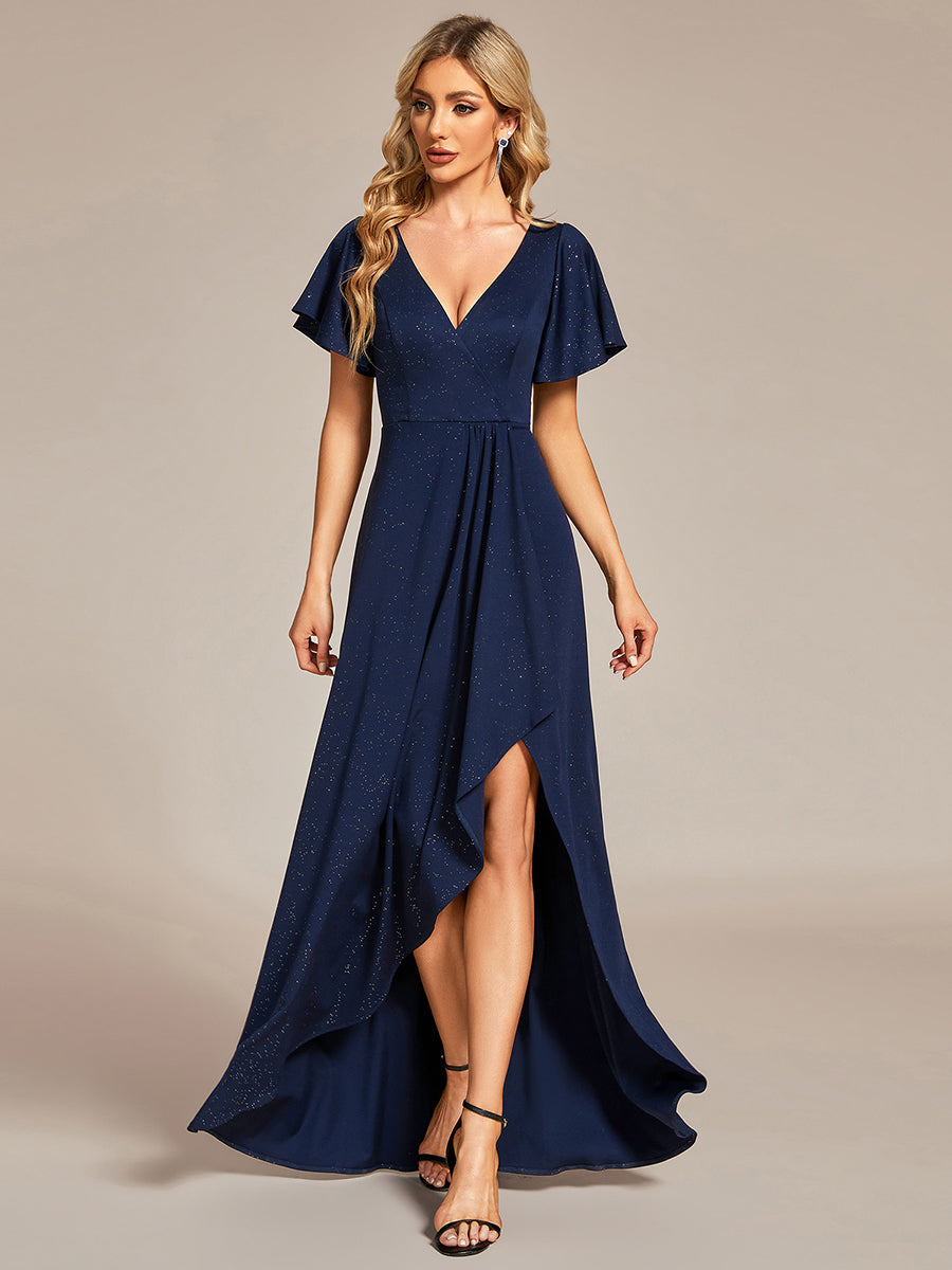Color=Navy Blue | Tea Length Split Shiny Wholesale Evening Dresses With Ruffle Sleeves-Navy Blue 1