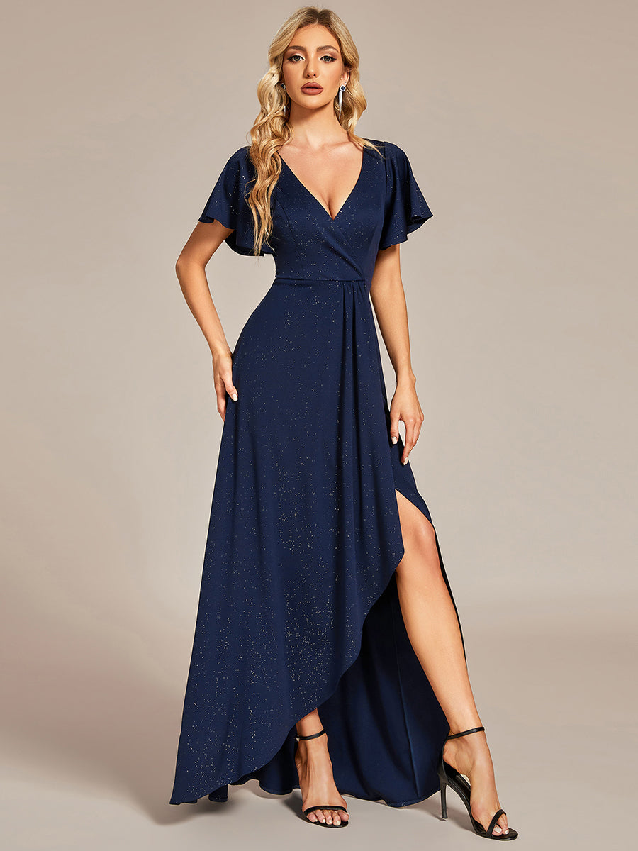Color=Navy Blue | Tea Length Split Shiny Wholesale Evening Dresses With Ruffle Sleeves-Navy Blue 2