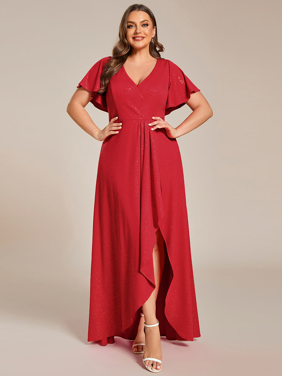 Color=Red |Plus Tea Length Split Shiny Wholesale Evening Dresses With Ruffle Sleeves-Red 4