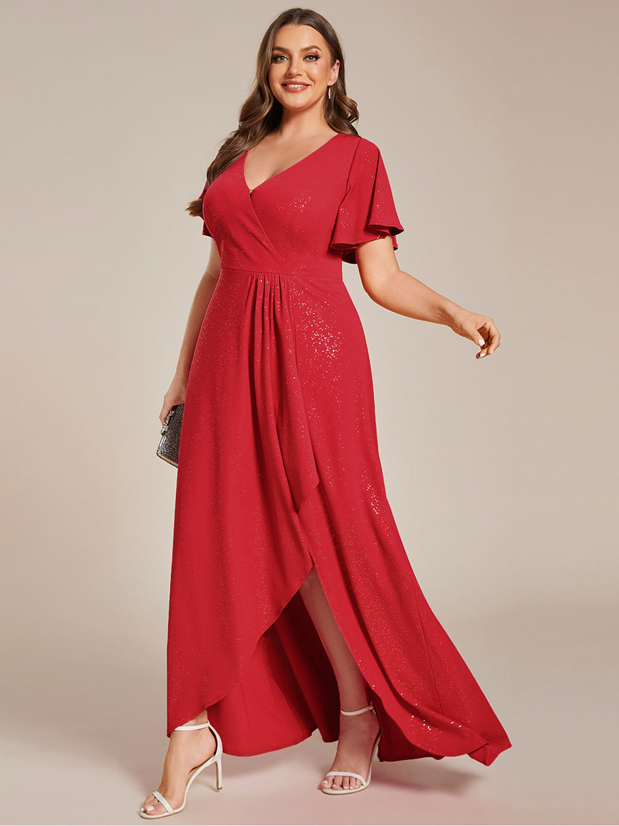 Color=Red |Plus Tea Length Split Shiny Wholesale Evening Dresses With Ruffle Sleeves-Red 3