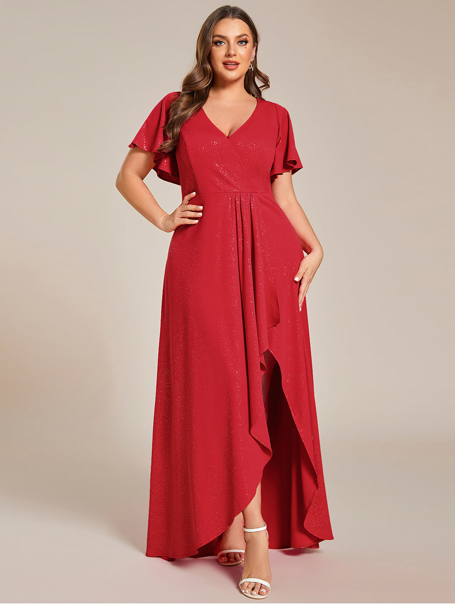 Color=Red |Plus Tea Length Split Shiny Wholesale Evening Dresses With Ruffle Sleeves-Red 1