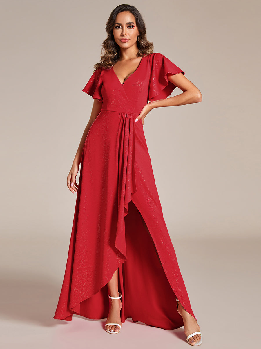 Color=Red | Tea Length Split Shiny Wholesale Evening Dresses With Ruffle Sleeves-Red 3