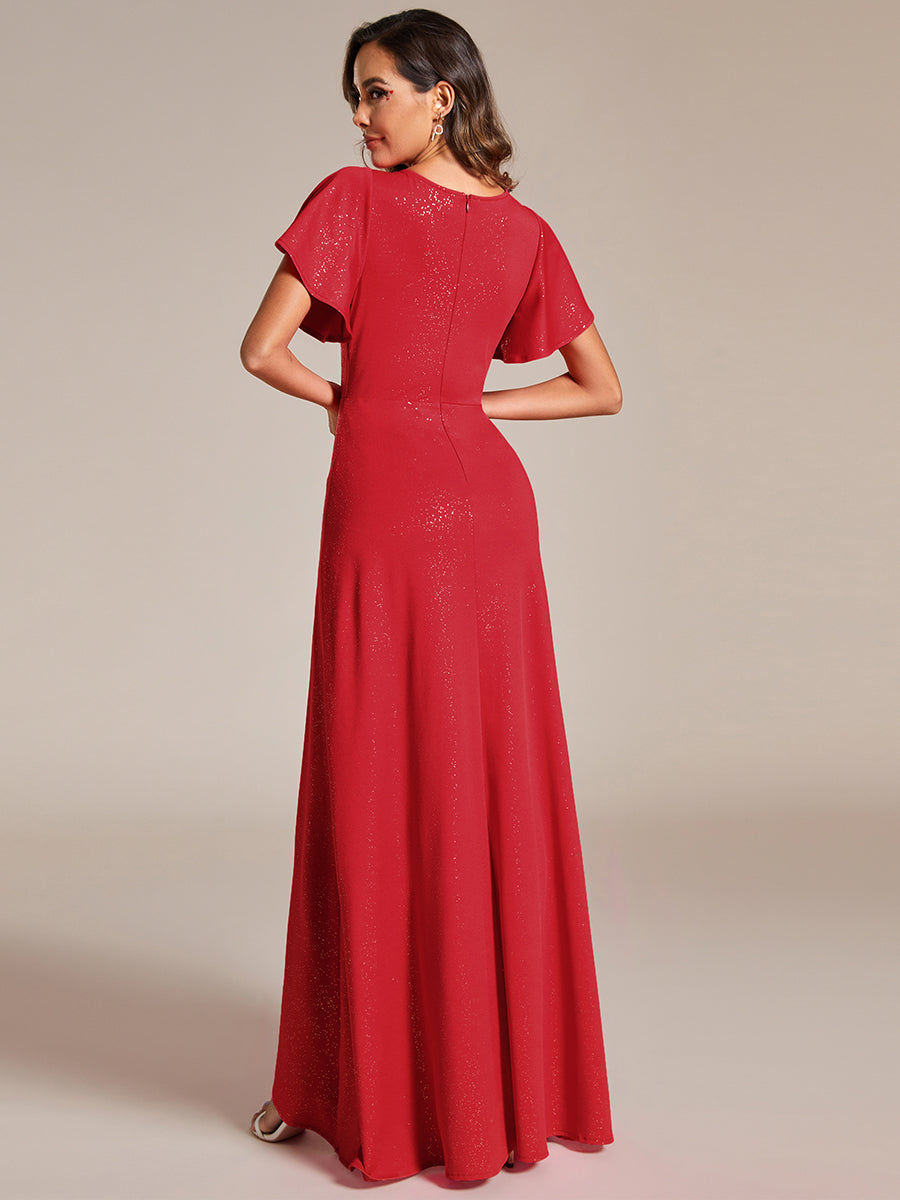 Color=Red | Tea Length Split Shiny Wholesale Evening Dresses With Ruffle Sleeves-Red 4