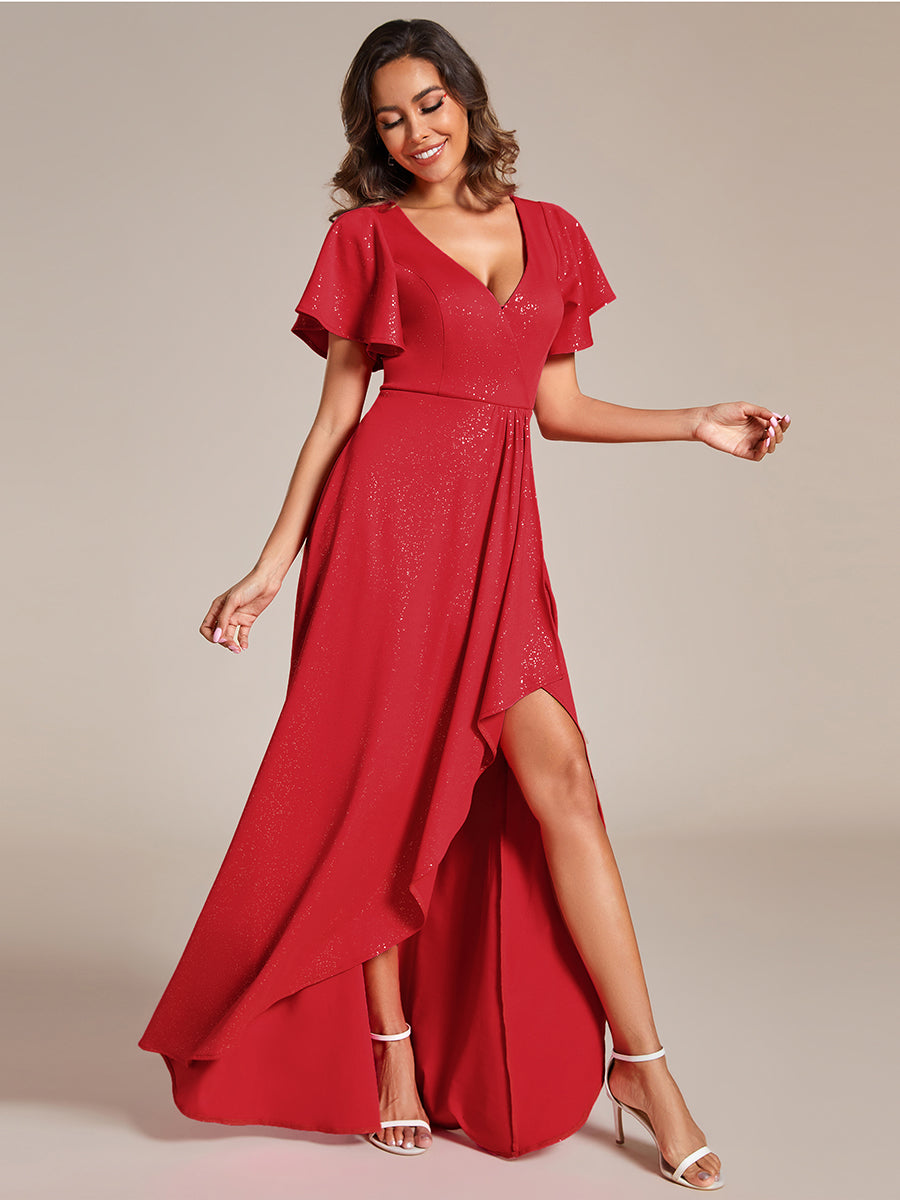 Color=Red | Tea Length Split Shiny Wholesale Evening Dresses With Ruffle Sleeves-Red 2
