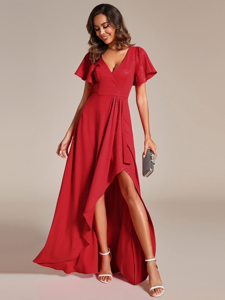 Color=Red | Tea Length Split Shiny Wholesale Evening Dresses With Ruffle Sleeves-Red 1