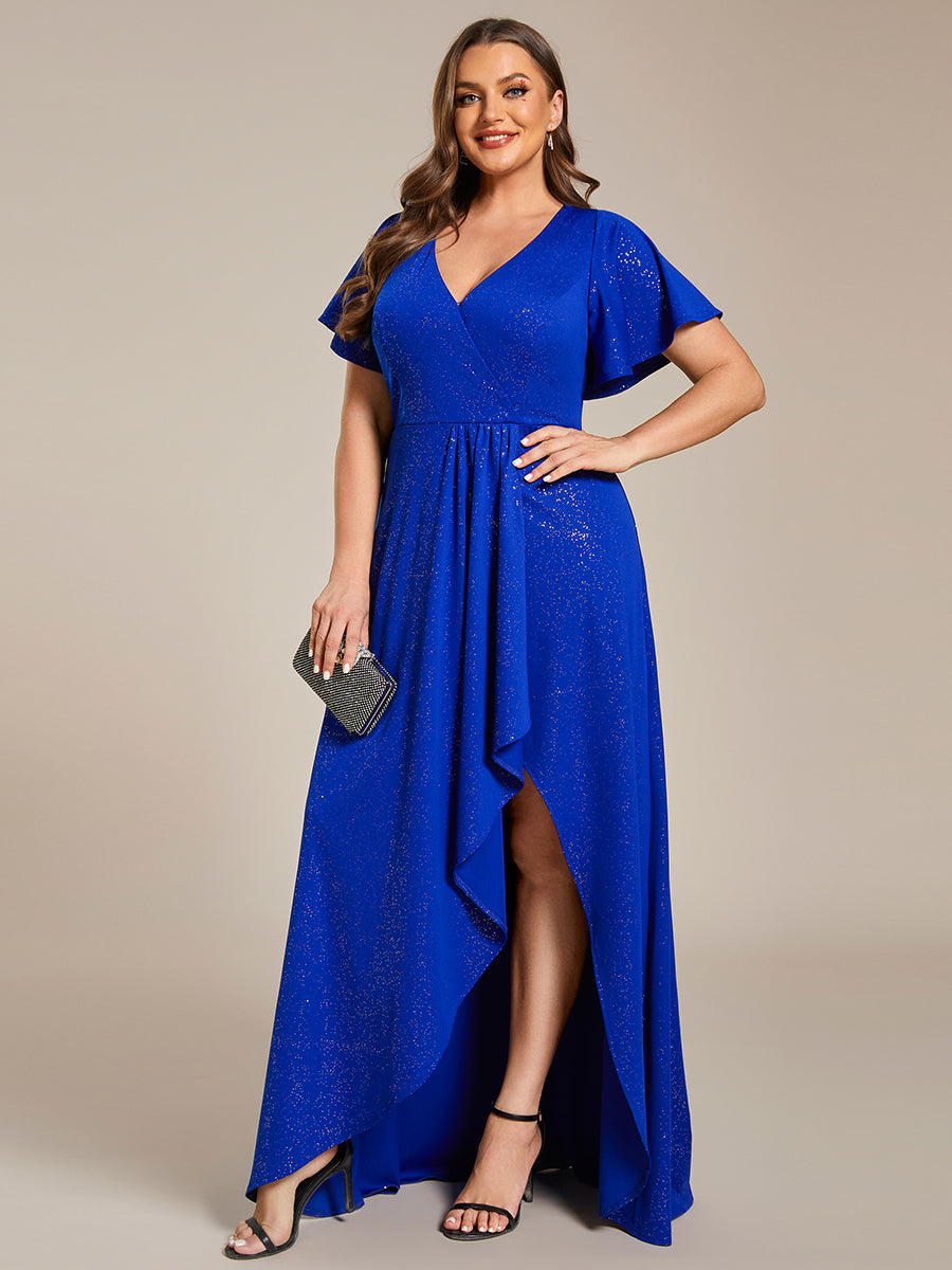 Color=Sapphire Blue |Plus Tea Length Split Shiny Wholesale Evening Dresses With Ruffle Sleeves-Sapphire Blue 3